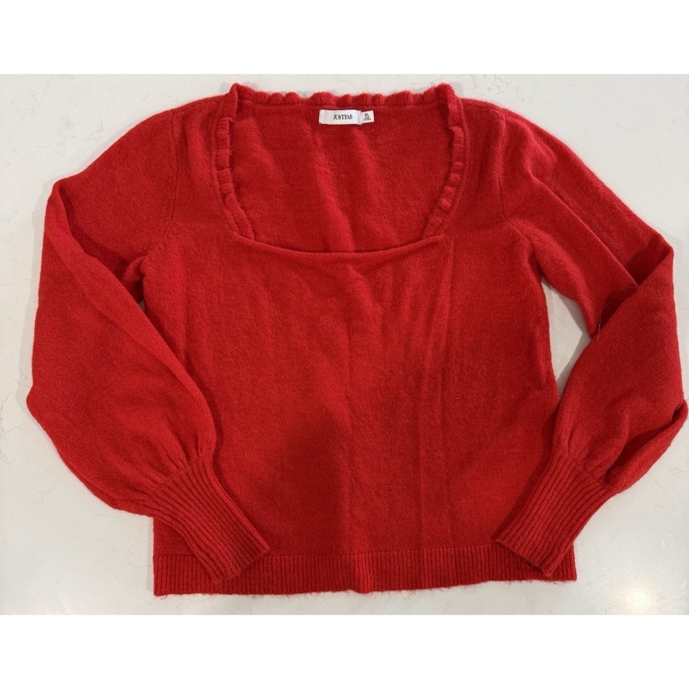 JustFab Womens Red Square Neck Ruffle Puff/Balloon Sleeve Sweater Size XL